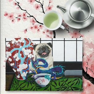 Playful Charming Pug Dog Japanese Dragon Cloth Placemat