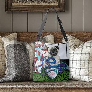 Playful Charming Pug Dog Japanese Dragon Crossbody Bag