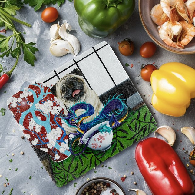 Playful Charming Pug Dog Japanese Dragon Cutting Board (Creator Uploaded)