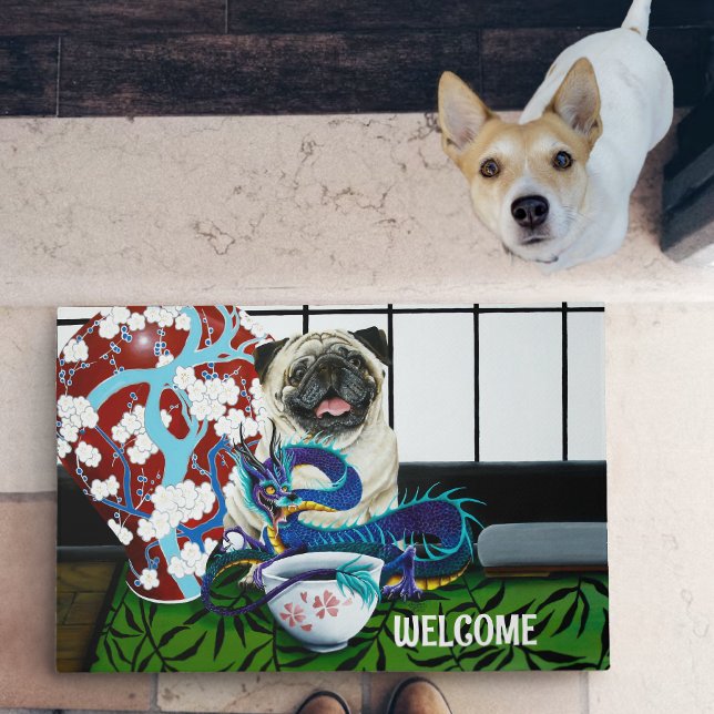 Playful Charming Pug Dog Japanese Dragon Doormat (Creator Uploaded)