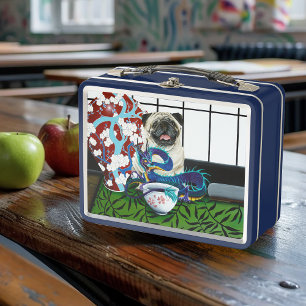 Playful Charming Pug Dog Japanese Dragon Metal Lunch Box