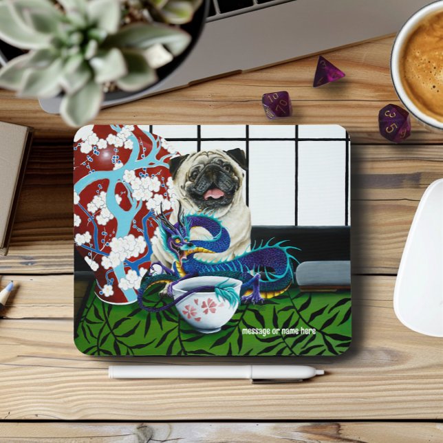 Playful Charming Pug Dog Japanese Dragon Mouse Pad (Creator Uploaded)