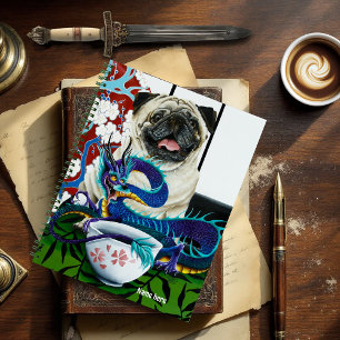 Playful Charming Pug Dog Japanese Dragon Notebook