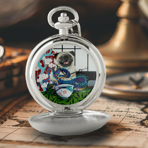 Playful Charming Pug Dog Japanese Dragon Pocket Watch