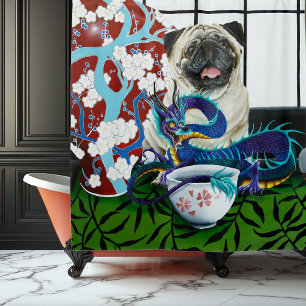 Playful Charming Pug Dog Japanese Dragon Shower Curtain