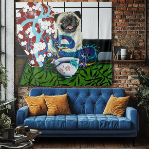Playful Charming Pug Dog Japanese Dragon Tapestry