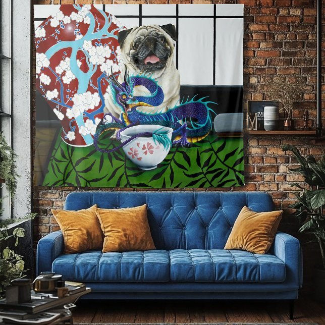 Playful Charming Pug Dog Japanese Dragon Tapestry (Creator Uploaded)