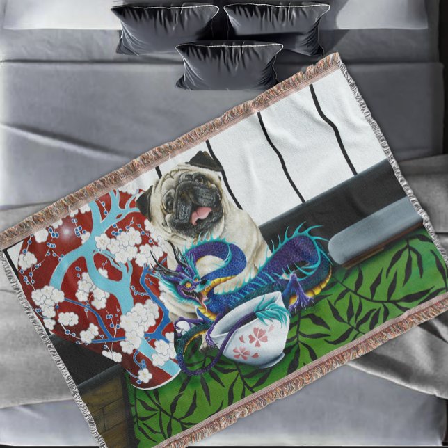 Playful Charming Pug Dog Japanese Dragon Throw Blanket (Creator Uploaded)