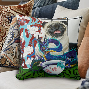Playful Charming Pug Dog Japanese Dragon Throw Pillow