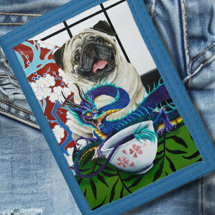 Playful Charming Pug Dog Japanese Dragon Tri-fold Wallet