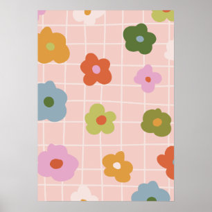 Playful checkered plaid with daisies poster