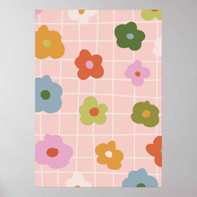 Playful  checkered plaid with daisies  poster (Front)