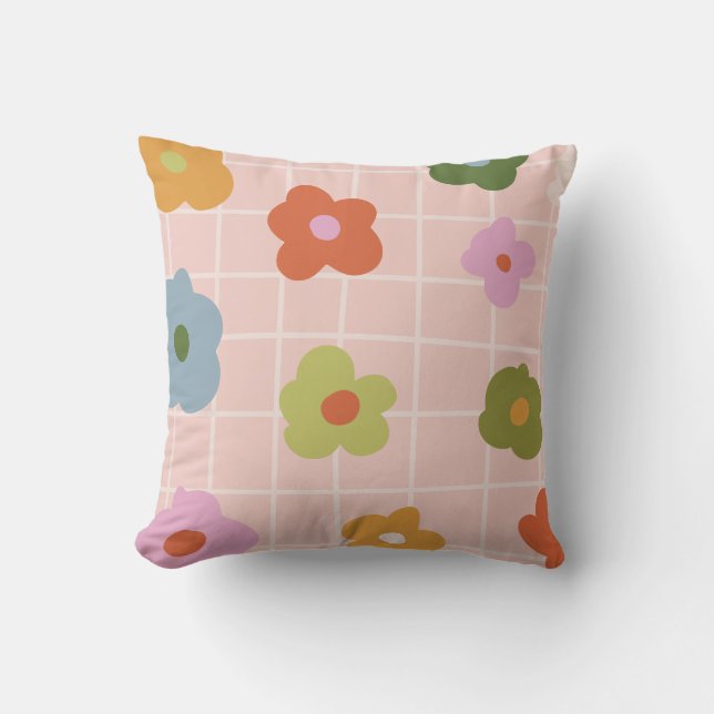 Playful  checkered plaid with daisies   throw pillow (Front)