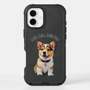 Playful Cheerful Corgi Dog 'Good Vibes, Good Dogs' iPhone 16 Plus Case