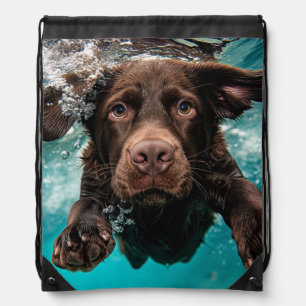 Playful Chocolate Labrador Swimming Underwater Drawstring Bag