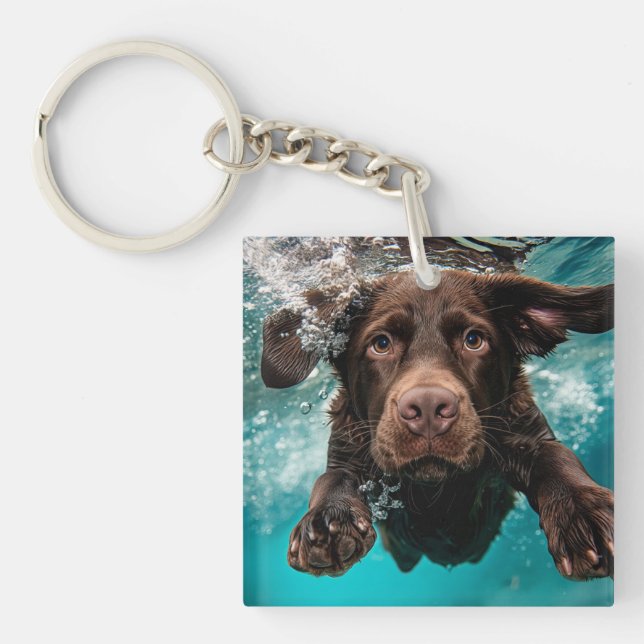 Playful Chocolate Labrador Swimming Underwater Keychain (Front)