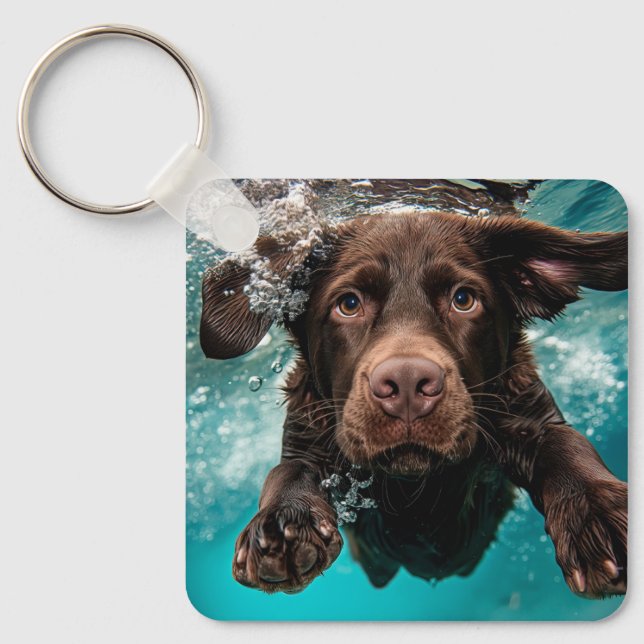 Playful Chocolate Labrador Swimming Underwater Keychain (Front)