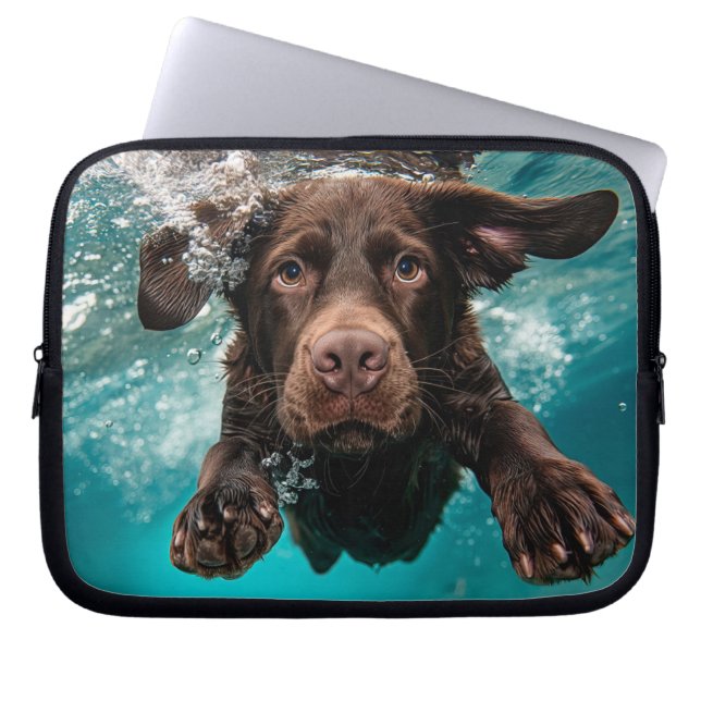 Playful Chocolate Labrador Swimming Underwater Laptop Sleeve (Front)