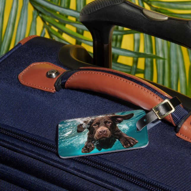 Playful Chocolate Labrador Swimming Underwater Luggage Tag (Front Insitu 3)