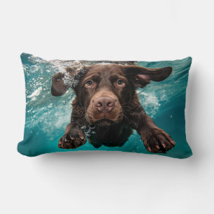 Playful Chocolate Labrador Swimming Underwater Lumbar Pillow
