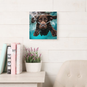 Playful Chocolate Labrador Swimming Underwater Square Wall Clock