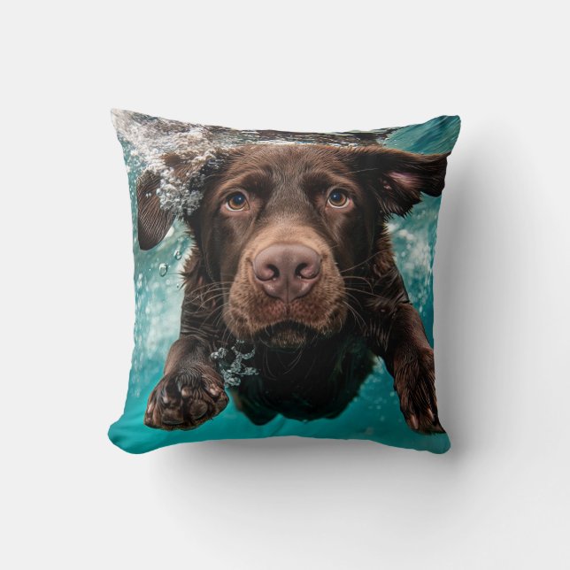 Playful Chocolate Labrador Swimming Underwater Throw Pillow (Front)