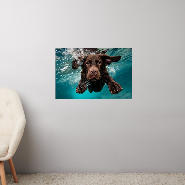 Playful Chocolate Labrador Swimming Underwater Wall Decal (Living Room 2)