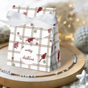 Playful Christmas Cats on Cranberry- Green Plaid Favor Boxes
