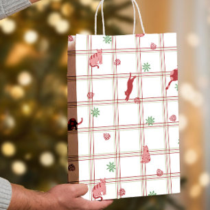 Playful Christmas Cats on Cranberry- Green Plaid Medium Gift Bag