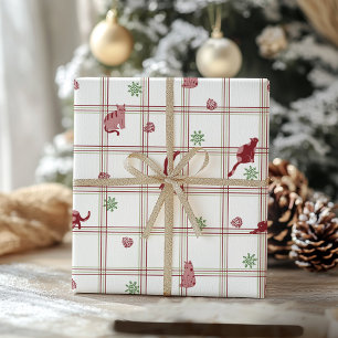 Playful Christmas Cats on Cranberry- Green Plaid Wrapping Paper
