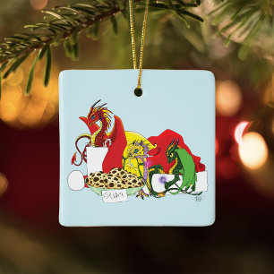 Playful Christmas Dragons Fantasy Milk Cookies Ceramic Ornament