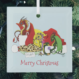 Playful Christmas Dragons Fantasy Milk Cookies Glass Ornament