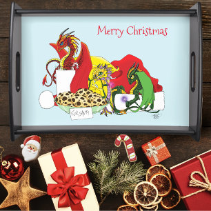 Playful Christmas Dragons Fantasy Milk Cookies Serving Tray