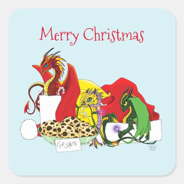 Playful Christmas Dragons Fantasy Milk Cookies Square Sticker (Front)