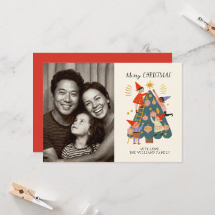 Playful Christmas Elves Decorating Tree Photo  Card