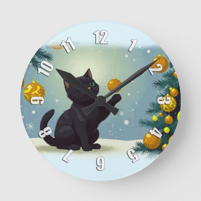 Playful Christmas Kitten Round Clock (Front)