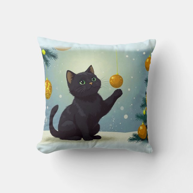 Playful Christmas Kitten Throw Pillow (Front)