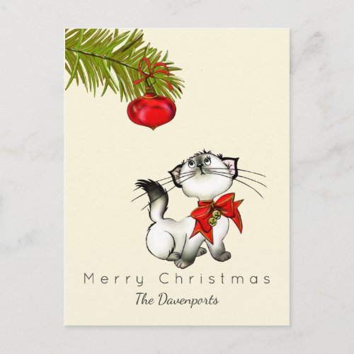 Playful Christmas Kitty With A Red Bow Holiday Postcard