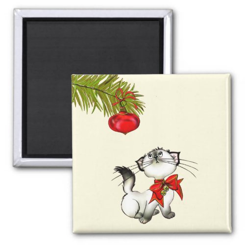 Playful Christmas Kitty With A Red Bow Magnet