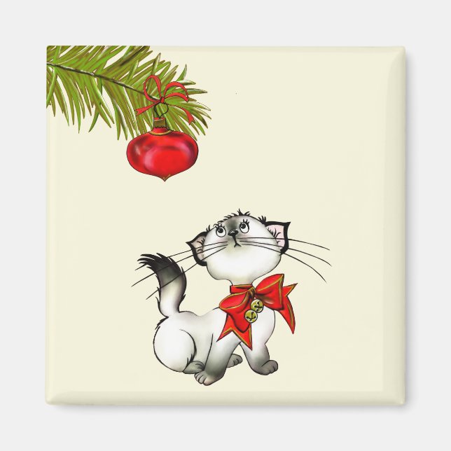 Playful Christmas Kitty With A Red Bow Magnet (Front)