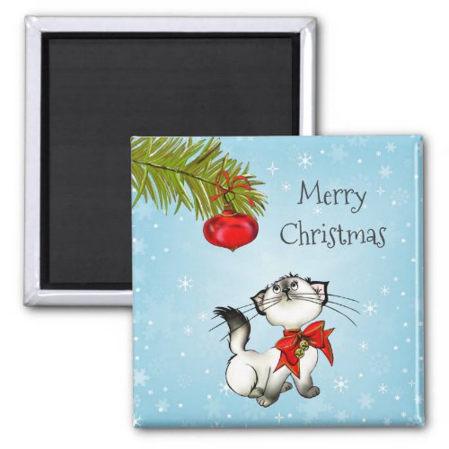 Playful Christmas Kitty With Red Bow Magnet