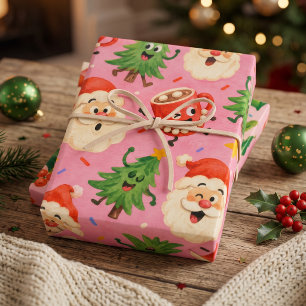 Playful Christmas Santa Pink Holly and Ornaments Wrapping Paper Sheets