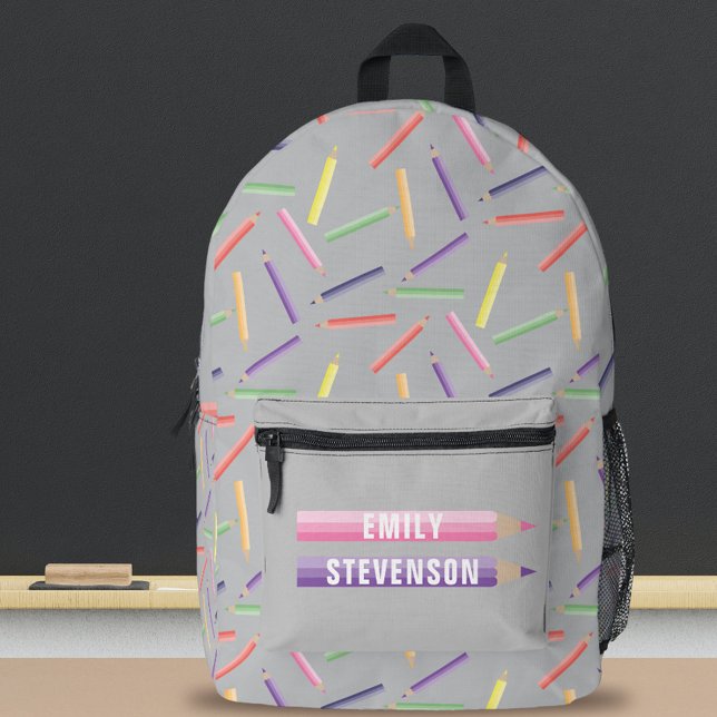 Playful Colored Pencils Pattern on Light Gray Printed Backpack (Creator Uploaded)