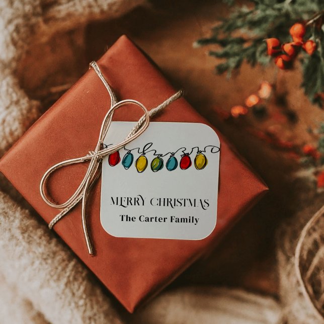 Playful Colorful Christmas String Lights Sketch Square Sticker (Make wrapping easy this year with personalized gift tag stickers featuring a playful line of colorfu)