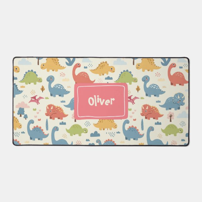 Playful Colorful Dinosaur Pattern Personalized Desk Mat (Front)