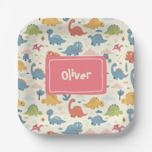 Playful Colorful Dinosaur Pattern Personalized Paper Plates