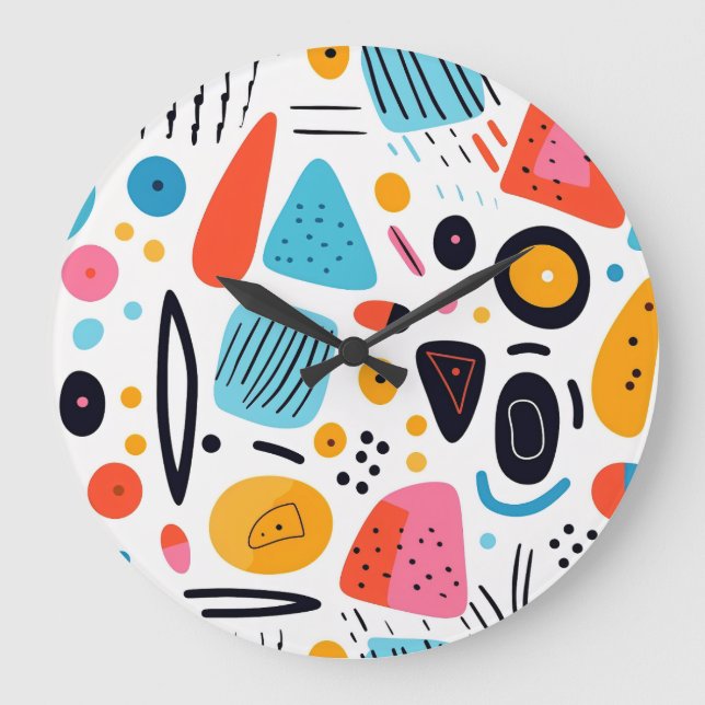 Playful Colorful Geometric Memphis Style Pattern Large Clock (Front)