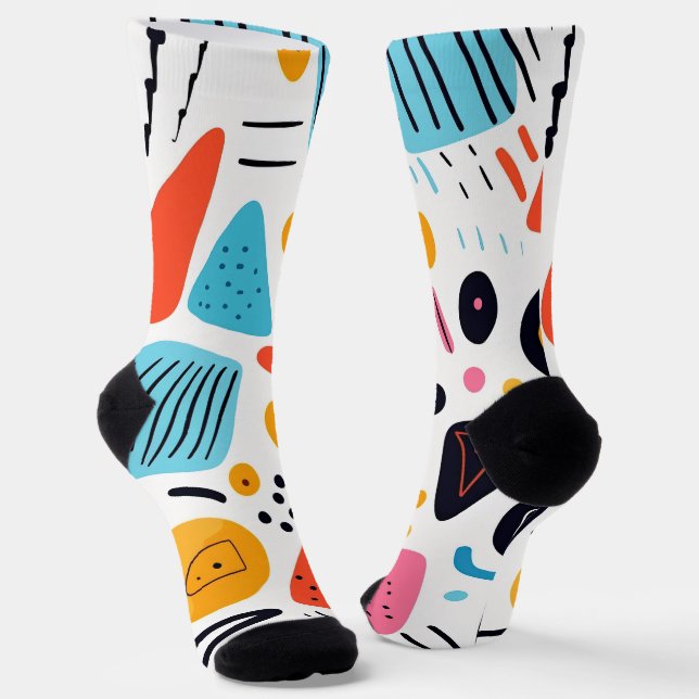 Playful Colorful Geometric Memphis Style Pattern Socks (Angled)