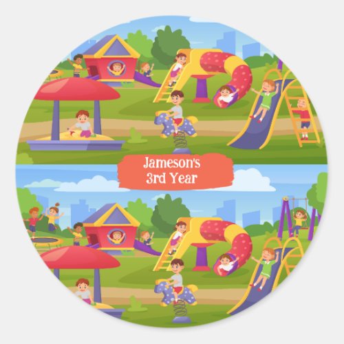 Playful Colorful Kids Cartoon Playground Fun Name Classic Round Sticker