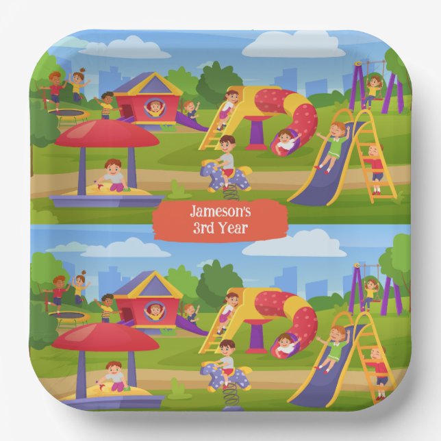 Playful Colorful Kids' Cartoon Playground Fun Name Paper Plates (Front)